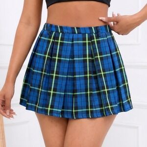 Hot Topic Pleated Mini Skirt Women Size SM Blue Green Plaid Excellent Alt Punk